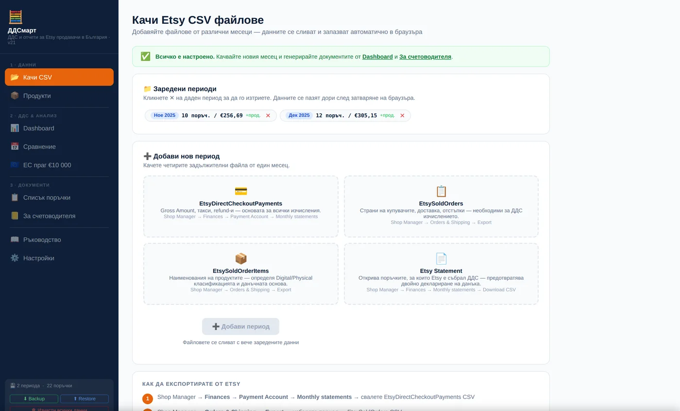 Качване на месечните CSV файлове от Etsy